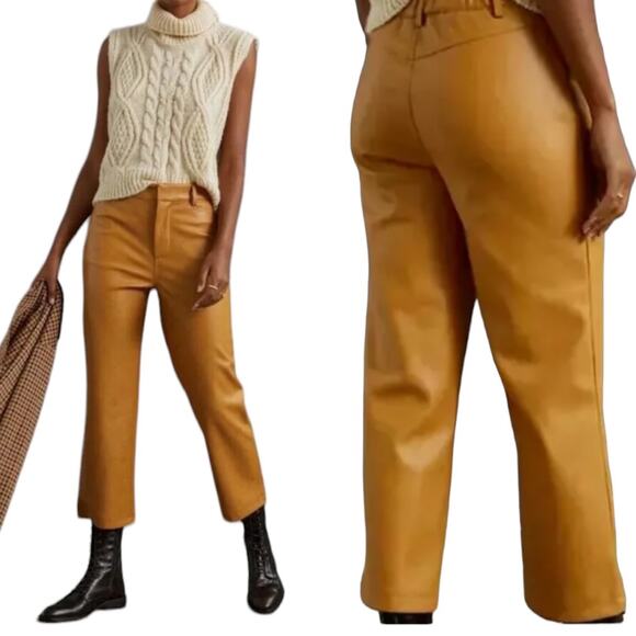 Avec les Filles Anthropologie Camel Faux Leather Straight Crop Pants Size Large - Picture 1 of 12